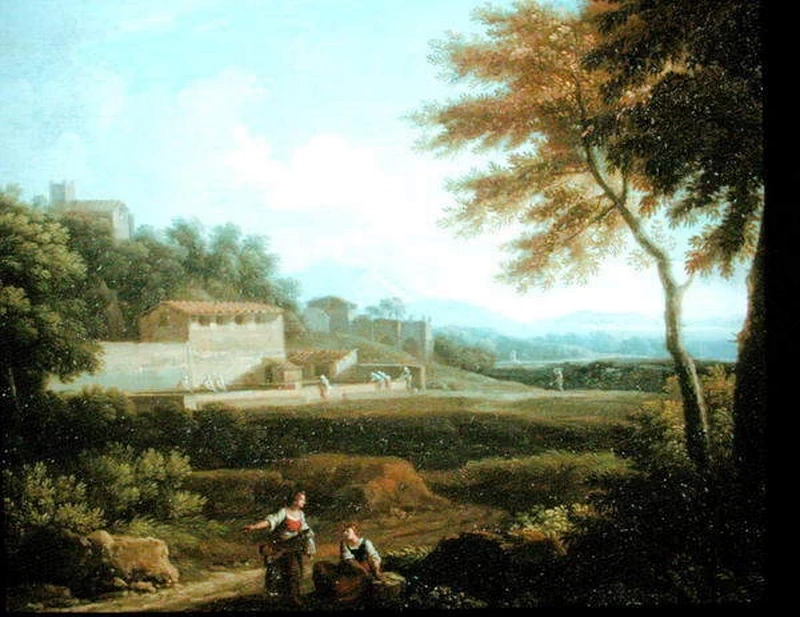 Paesaggio con figure a riposo con una città in lontananza